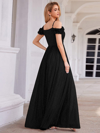Sparkling V-Neck Cold-Shoulder Pleated Evening Dress with Floral Details #color_Black