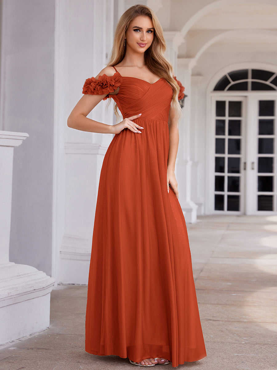 Sparkling V-Neck Cold-Shoulder Pleated Evening Dress with Floral Details #color_Burnt Orange