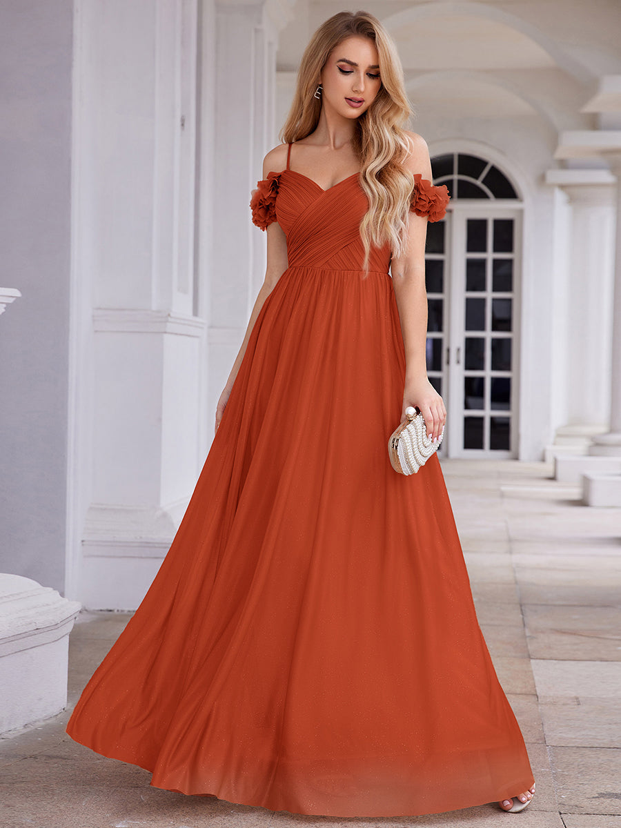 Sparkling V-Neck Cold-Shoulder Pleated Evening Dress with Floral Details #color_Burnt Orange