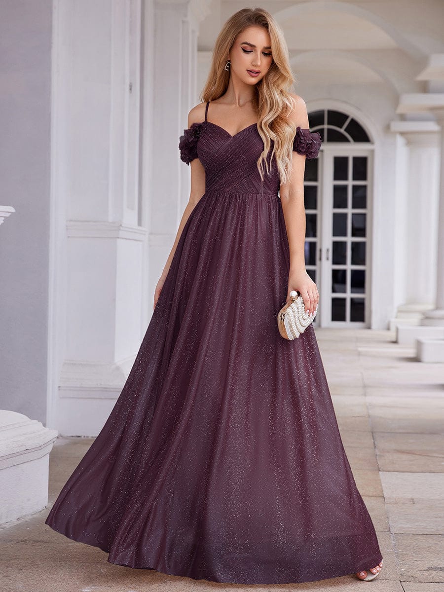 Stylish Cold-Shoulder Floor Length Bridesmaid Dress with Side Slit #color_Dark Purple