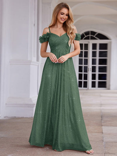 Stylish Cold-Shoulder Floor Length Bridesmaid Dress with Side Slit #color_Eucalyptus Green