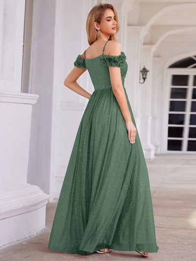Stylish Cold-Shoulder Floor Length Bridesmaid Dress with Side Slit #color_Eucalyptus Green