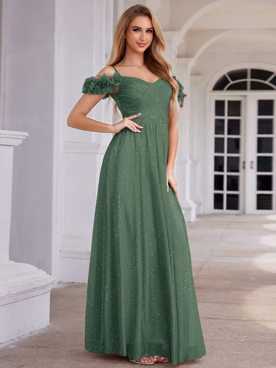 Stylish Cold-Shoulder Floor Length Bridesmaid Dress with Side Slit #color_Eucalyptus Green