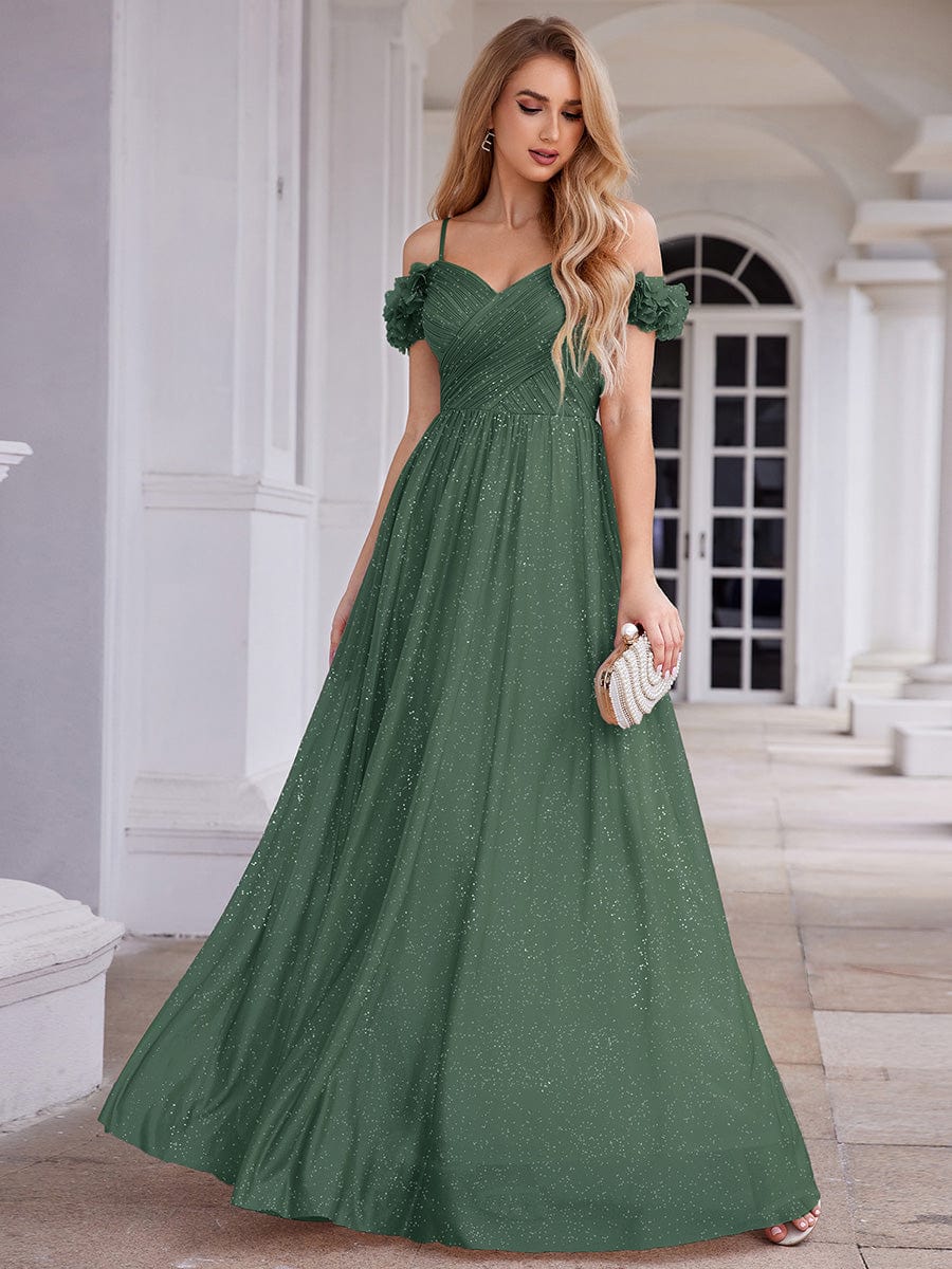 Stylish Cold-Shoulder Floor Length Bridesmaid Dress with Side Slit #color_Eucalyptus Green