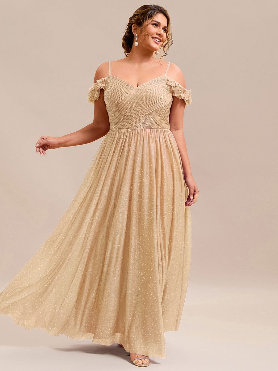 Stylish Cold-Shoulder Floor Length Bridesmaid Dress with Side Slit #color_Gold