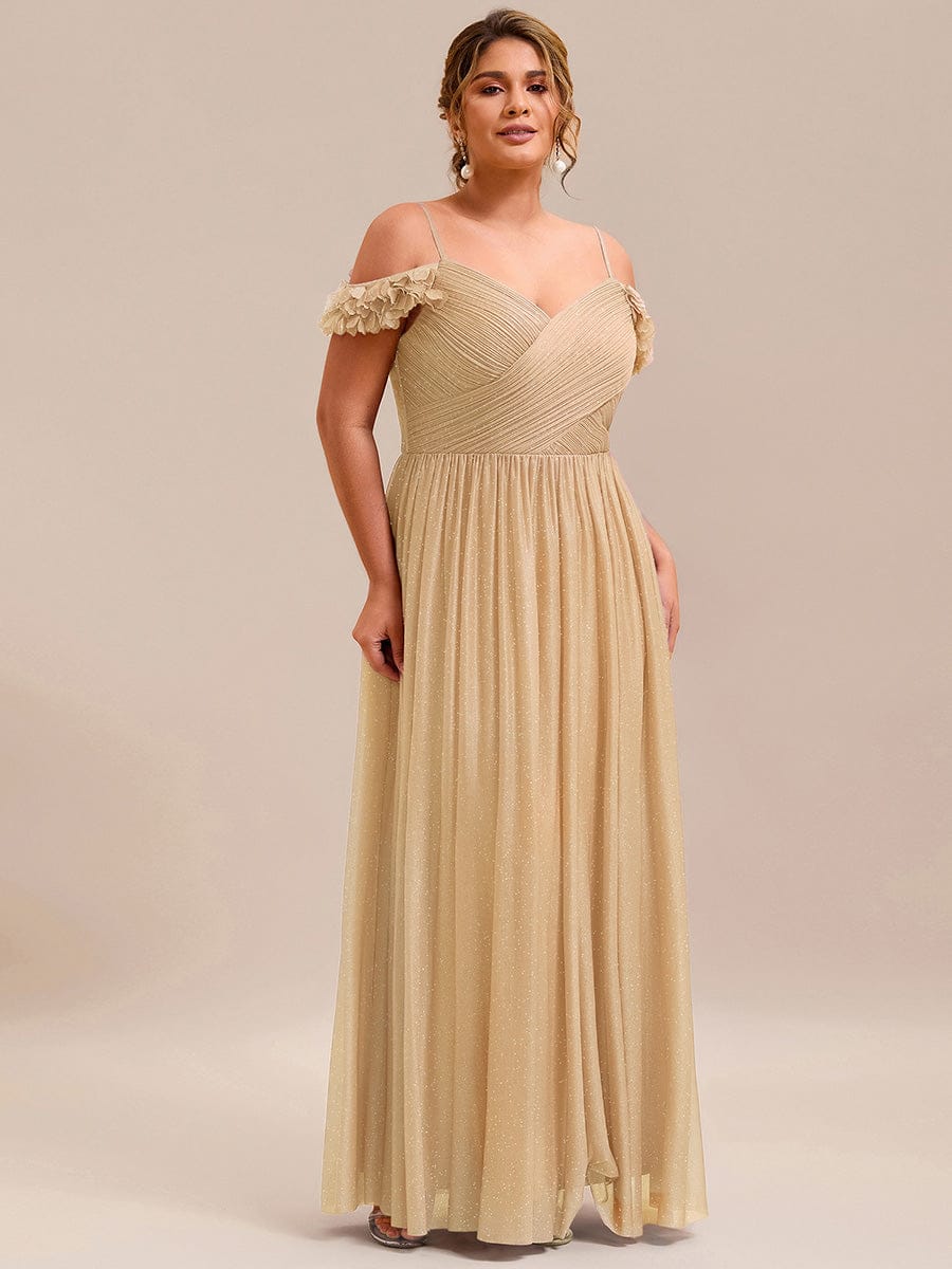 Stylish Cold-Shoulder Floor Length Bridesmaid Dress with Side Slit #color_Gold