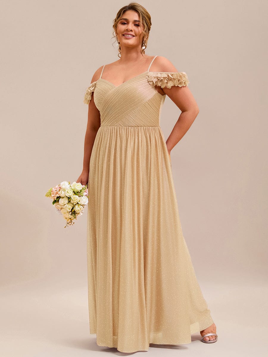 Stylish Cold-Shoulder Floor Length Bridesmaid Dress with Side Slit #color_Gold