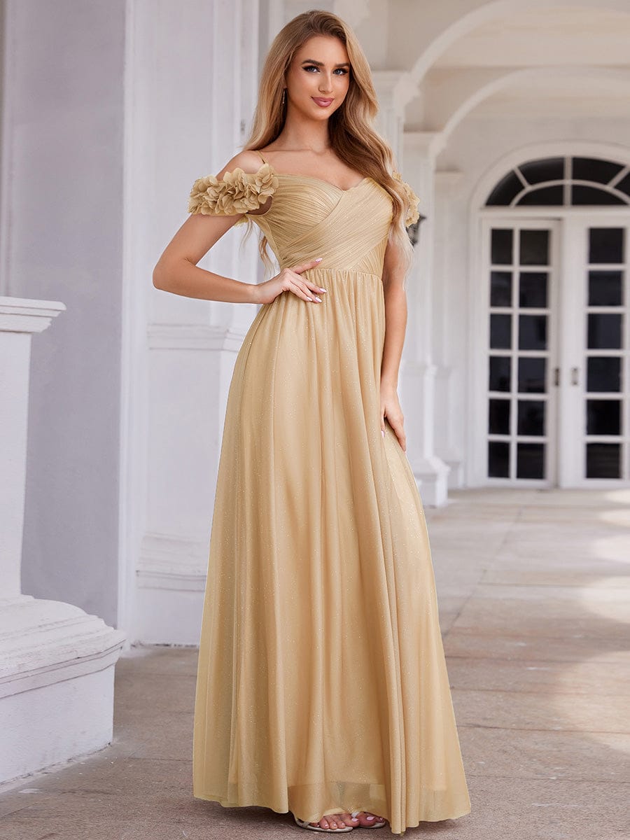 Stylish Cold-Shoulder Floor Length Bridesmaid Dress with Side Slit #color_Gold