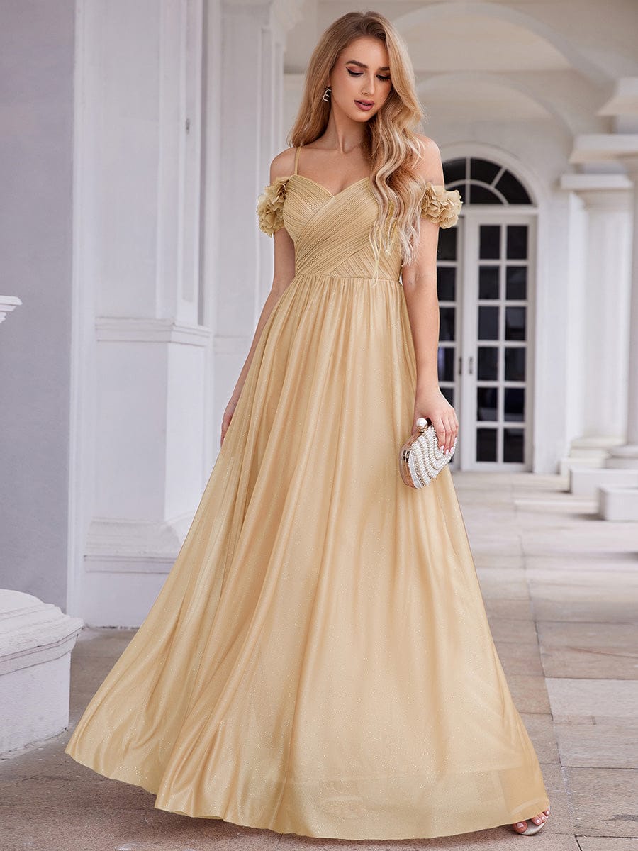 Stylish Cold-Shoulder Floor Length Bridesmaid Dress with Side Slit #color_Gold