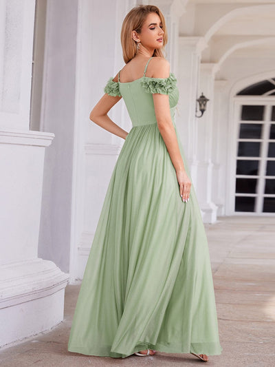Sparkling V-Neck Cold-Shoulder Pleated Evening Dress with Floral Details #color_Mint Green