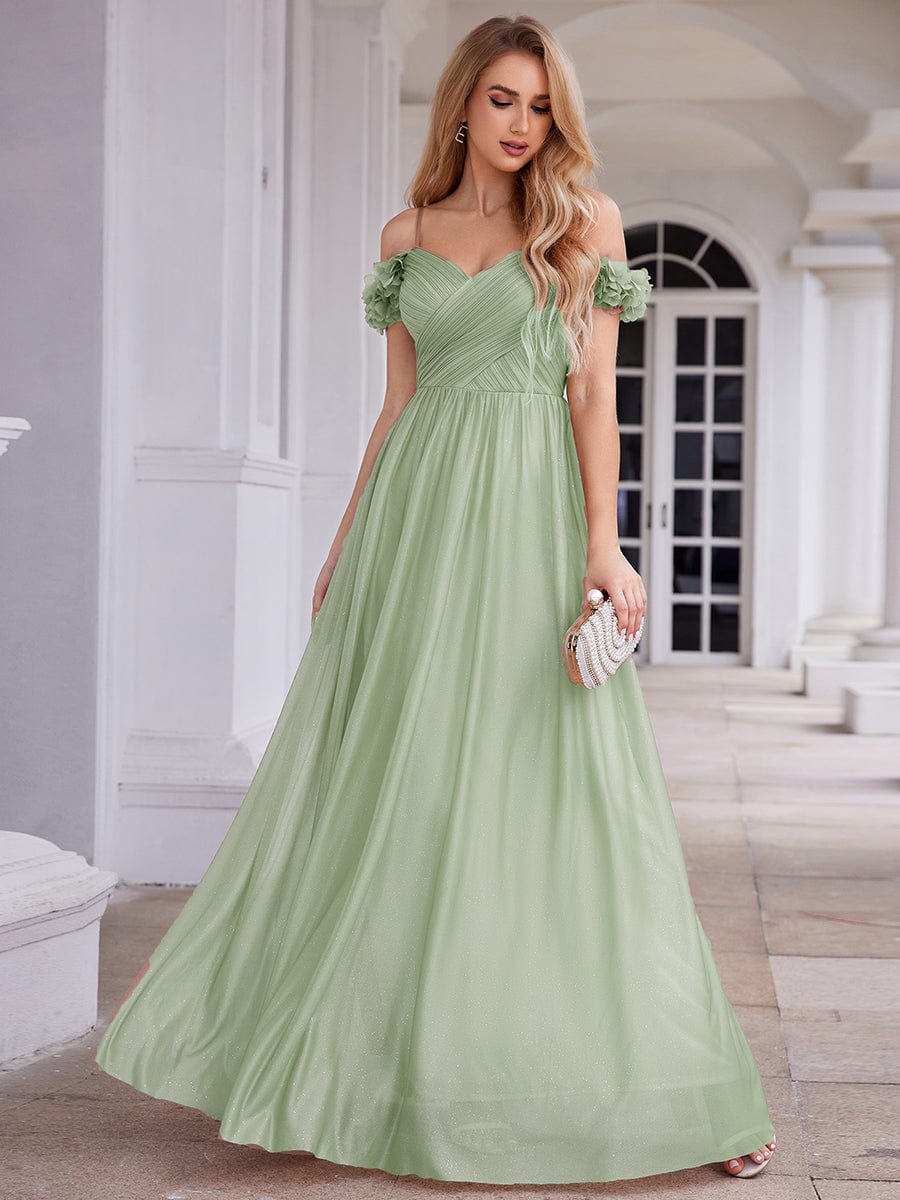 Sparkling V-Neck Cold-Shoulder Pleated Evening Dress with Floral Details #color_Mint Green