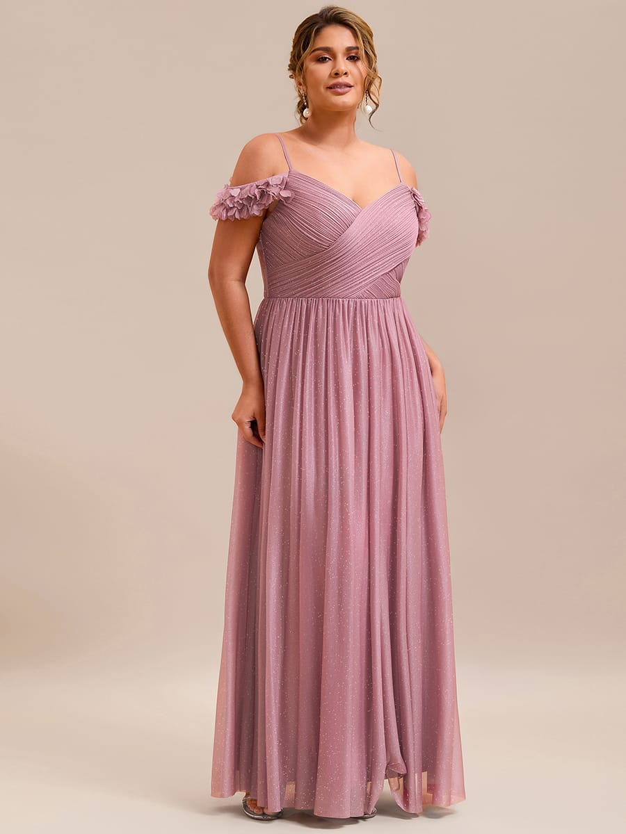Sparkling V-Neck Cold-Shoulder Pleated Evening Dress with Floral Details #color_Purple Orchid