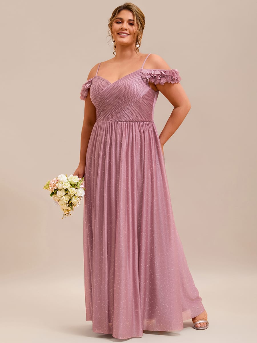 Sparkling V-Neck Cold-Shoulder Pleated Evening Dress with Floral Details #color_Purple Orchid