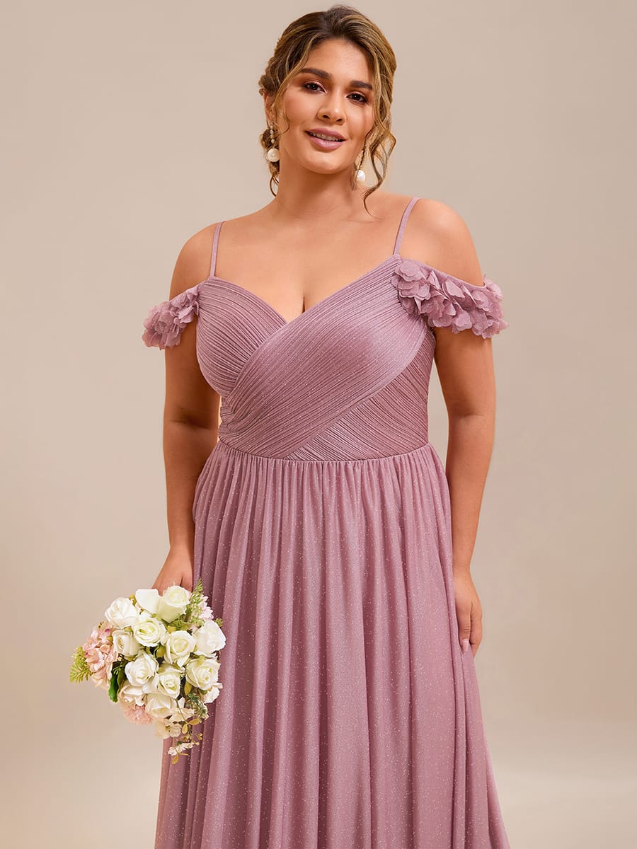 Sparkling V-Neck Cold-Shoulder Pleated Evening Dress with Floral Details #color_Purple Orchid