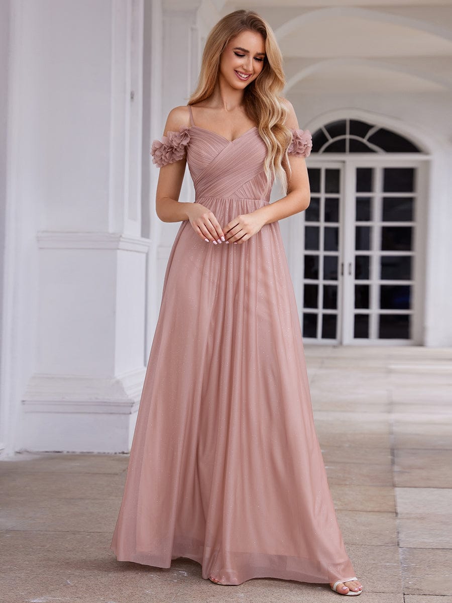 Sparkling V-Neck Cold-Shoulder Pleated Evening Dress with Floral Details #color_Pink