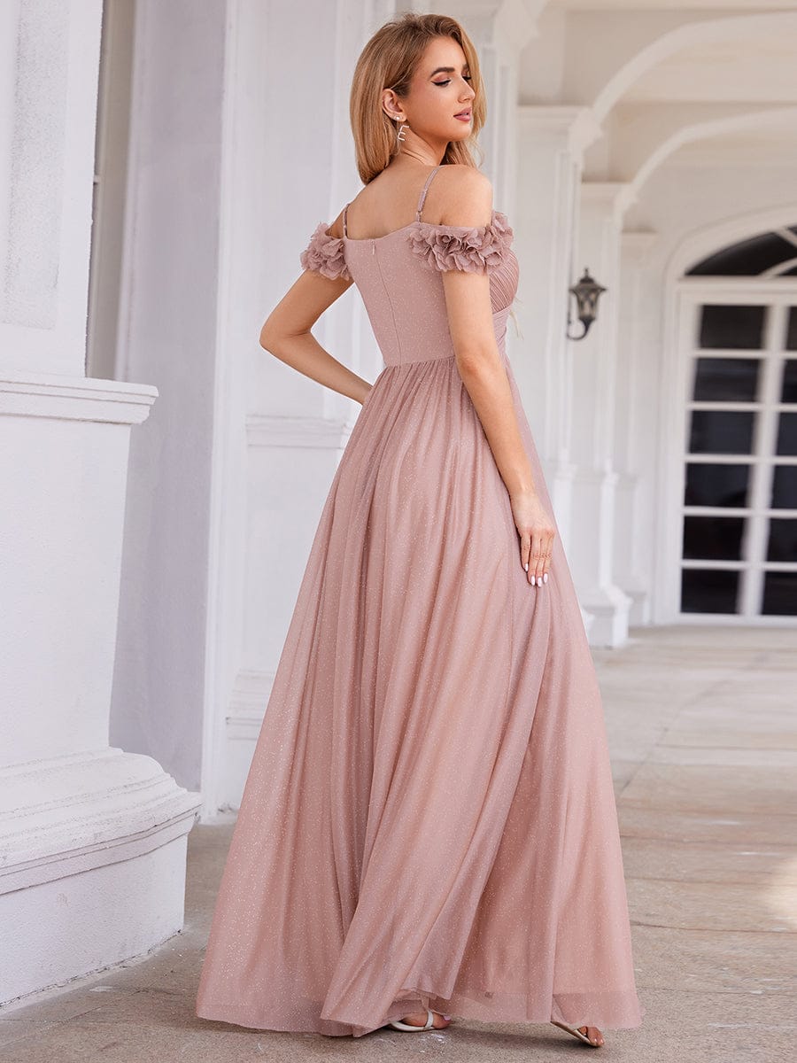 Sparkling V-Neck Cold-Shoulder Pleated Evening Dress with Floral Details #color_Pink