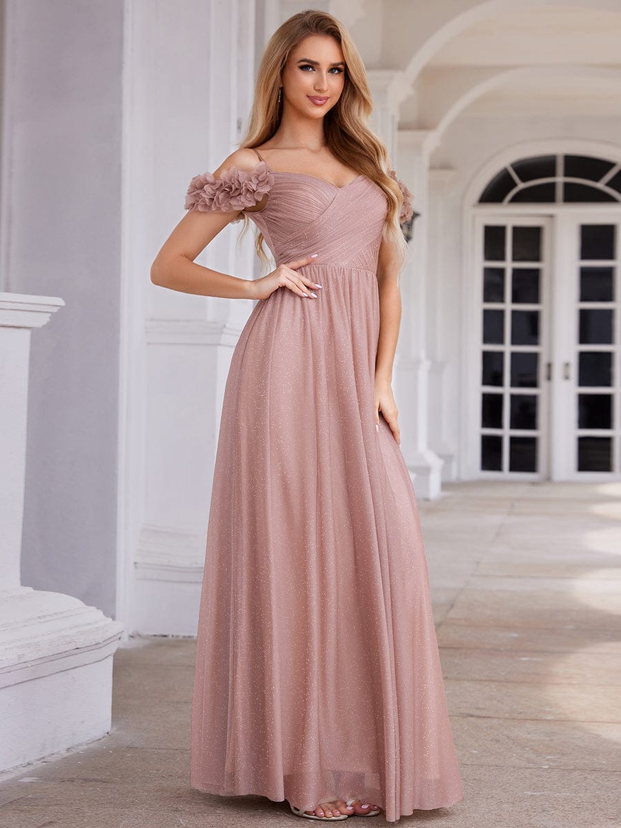 Sparkling V-Neck Cold-Shoulder Pleated Evening Dress with Floral Details #color_Pink