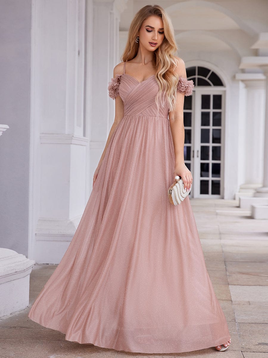 Sparkling V-Neck Cold-Shoulder Pleated Evening Dress with Floral Details #color_Pink