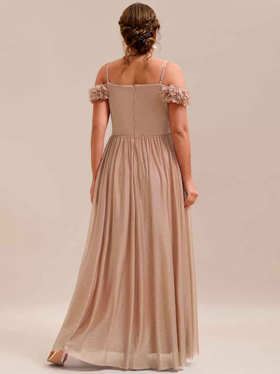 Sparkling V-Neck Cold-Shoulder Pleated Evening Dress with Floral Details #color_Rose Gold