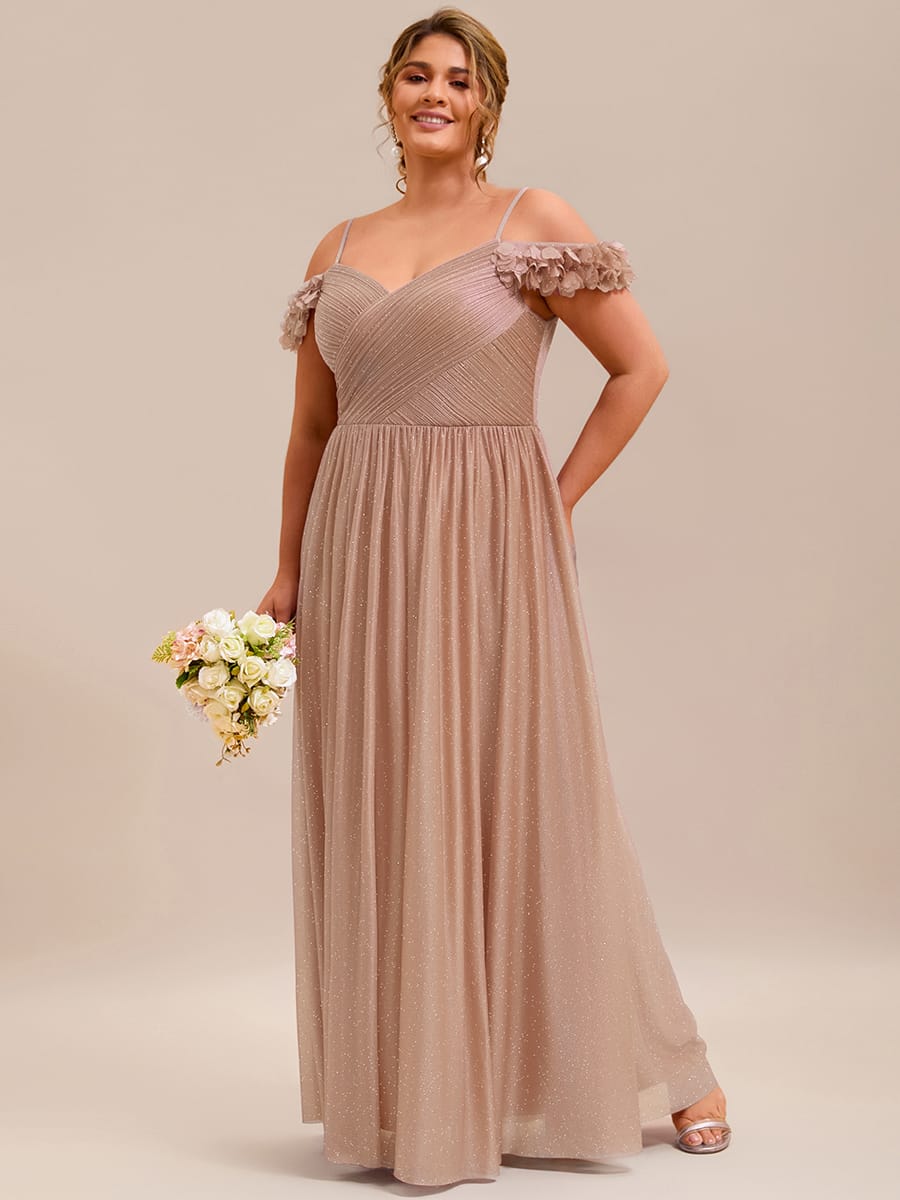 Sparkling V-Neck Cold-Shoulder Pleated Evening Dress with Floral Details #color_Rose Gold