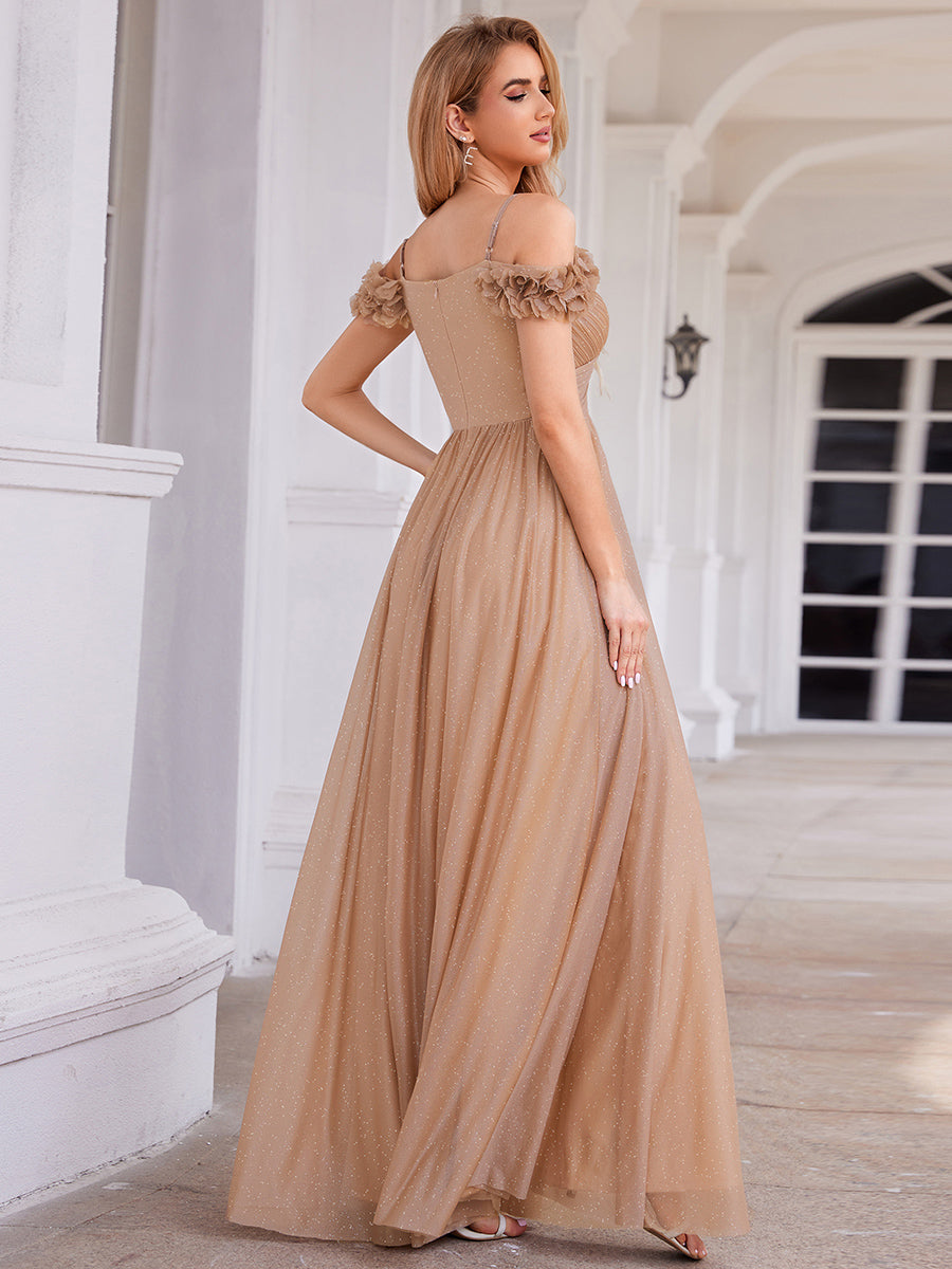 Sparkling V-Neck Cold-Shoulder Pleated Evening Dress with Floral Details #color_Rose Gold