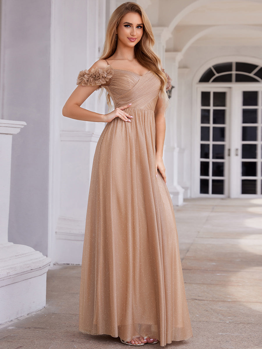 Sparkling V-Neck Cold-Shoulder Pleated Evening Dress with Floral Details #color_Rose Gold