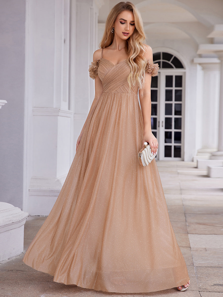 Sparkling V-Neck Cold-Shoulder Pleated Evening Dress with Floral Details #color_Rose Gold