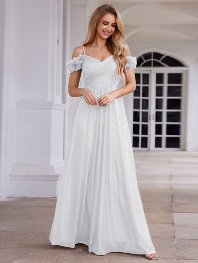 Sparkling V-Neck Cold-Shoulder Pleated Evening Dress with Floral Details #color_White
