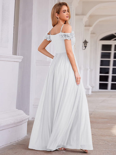 Sparkling V-Neck Cold-Shoulder Pleated Evening Dress with Floral Details #color_White