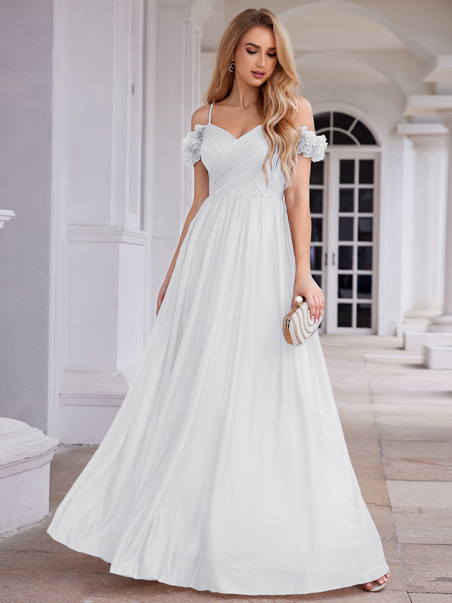 Sparkling V-Neck Cold-Shoulder Pleated Evening Dress with Floral Details #color_White