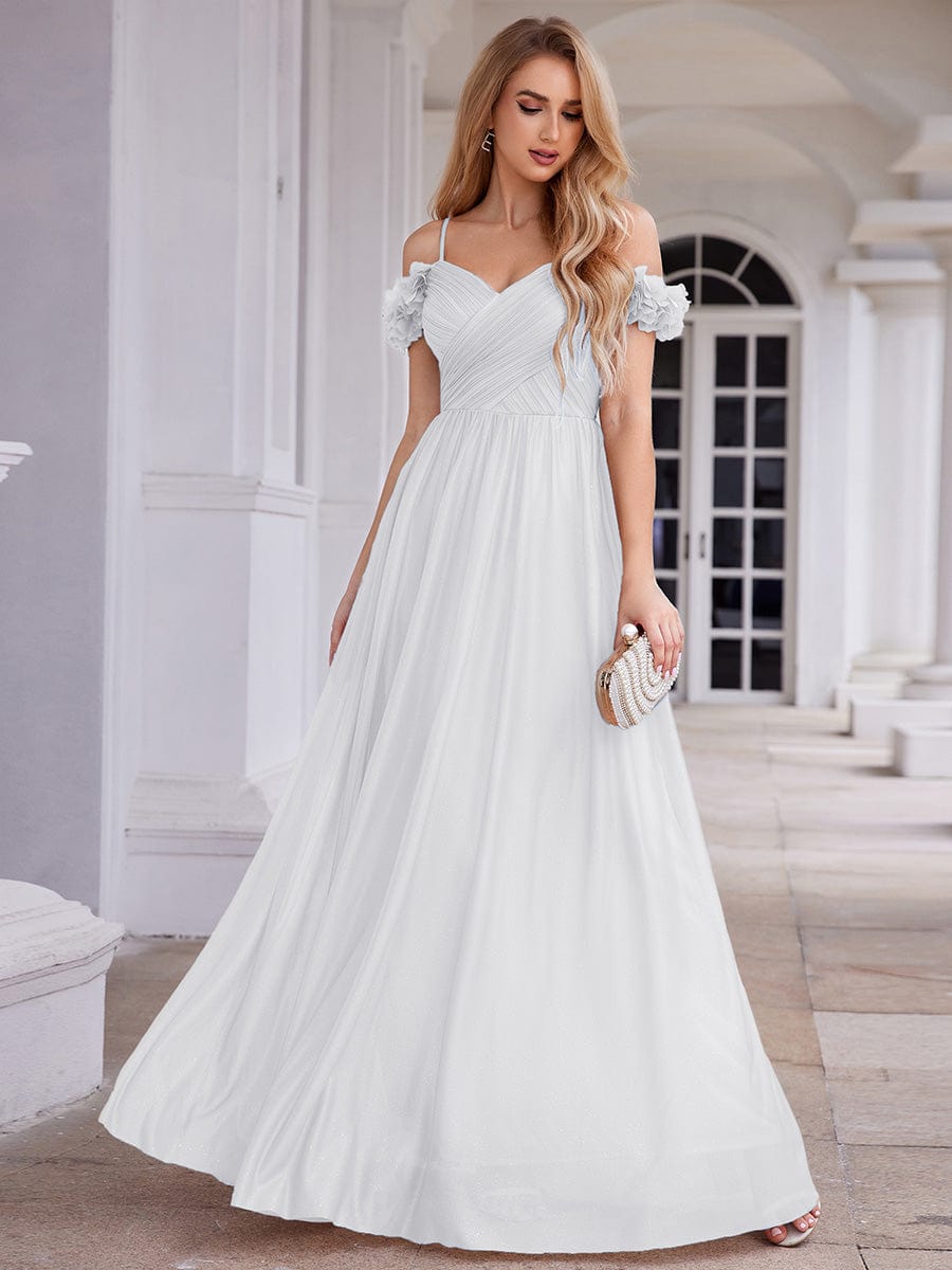 Sparkling V-Neck Cold-Shoulder Pleated Evening Dress with Floral Details #color_White