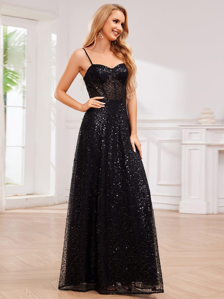 Spaghetti Strap Corset Sequin A-Line Evening Maxi Dress #color_Black