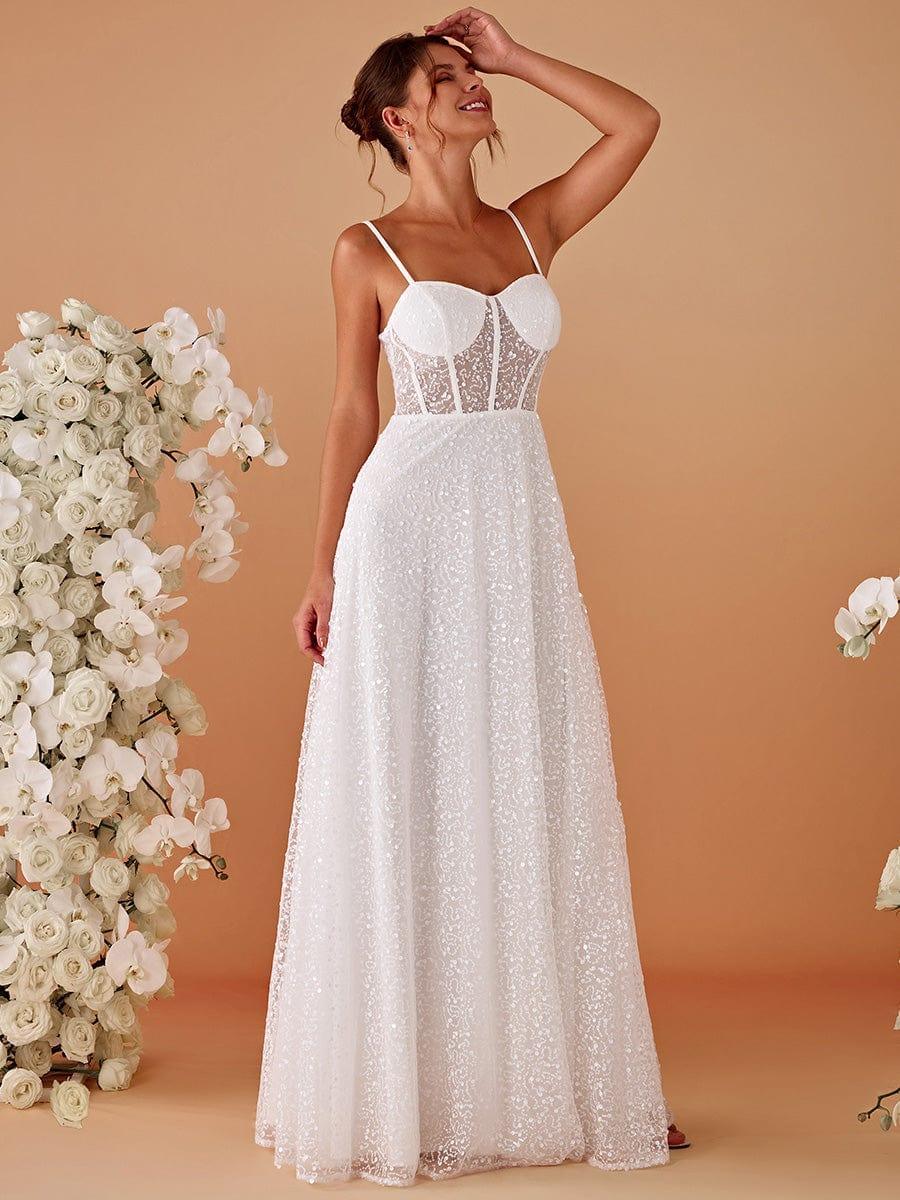 Spaghetti Strap Corset Sequin A-Line Evening Maxi Dress #color_White