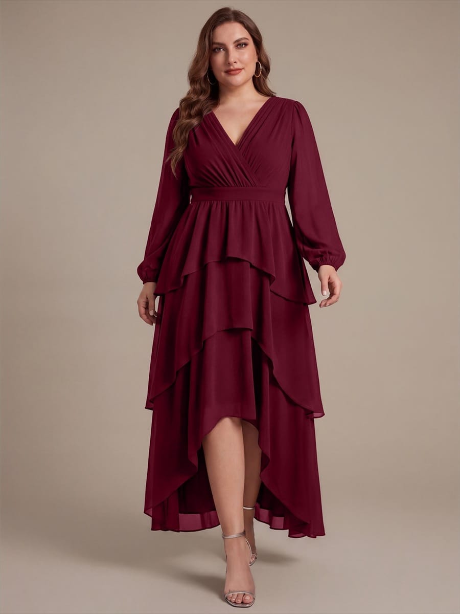 Chiffon Puff Sleeve A-line Dress #color_Burgundy