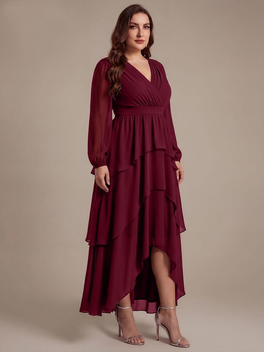 Chiffon Puff Sleeve A-line Dress #color_Burgundy