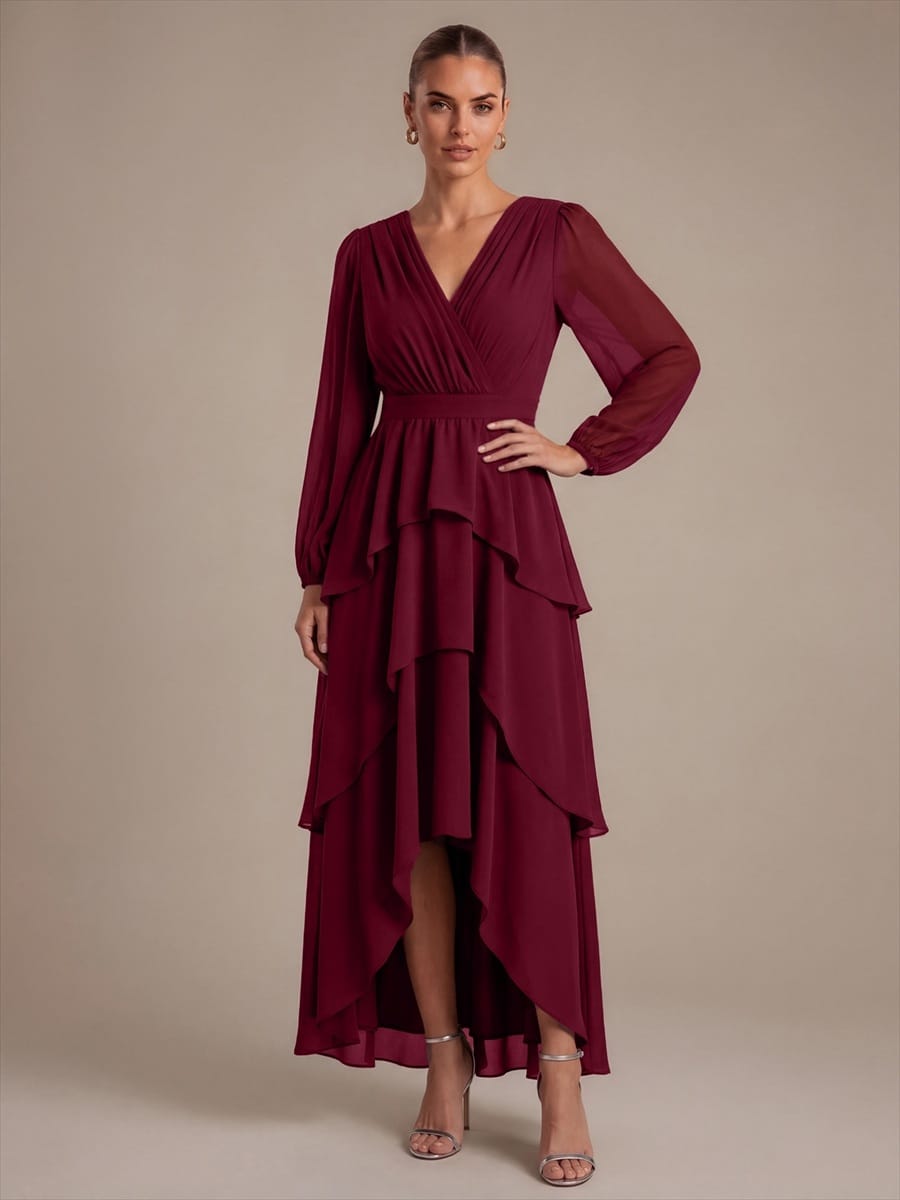 Chiffon Puff Sleeve A-line Dress #color_Burgundy