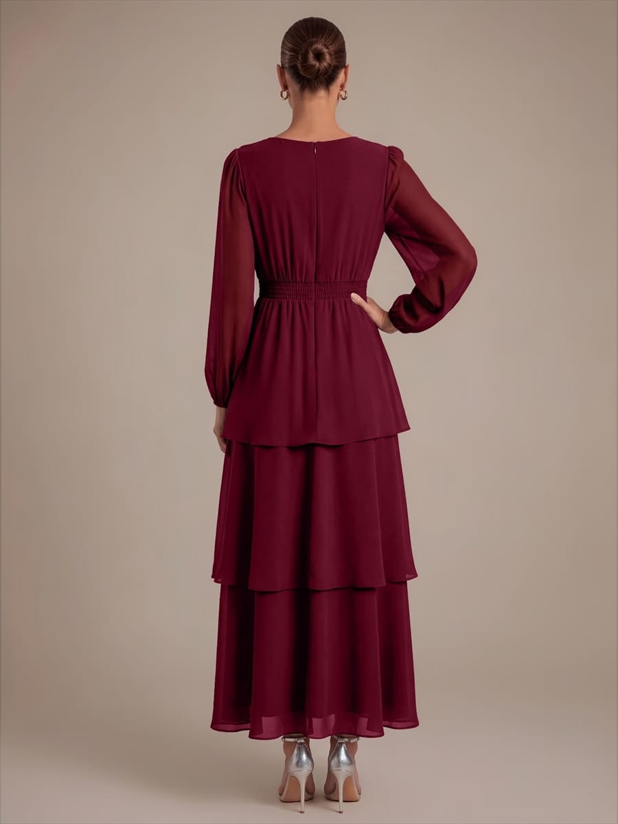 Chiffon Puff Sleeve A-line Dress #color_Burgundy