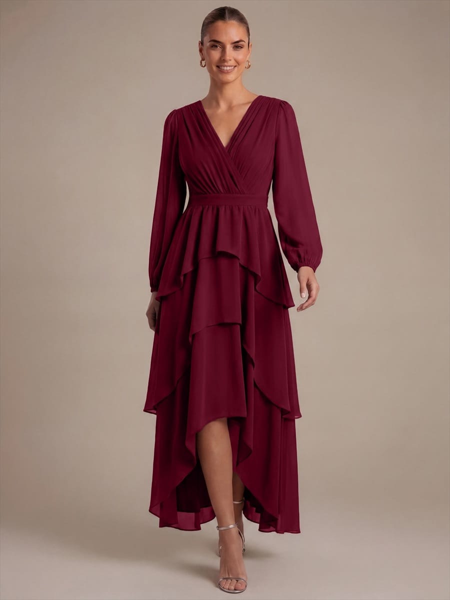 Chiffon Puff Sleeve A-line Dress #color_Burgundy
