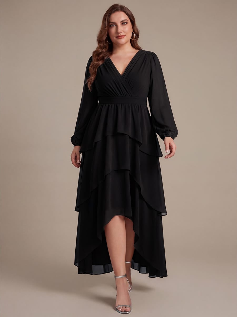 Chiffon Puff Sleeve A-line Dress #color_Black
