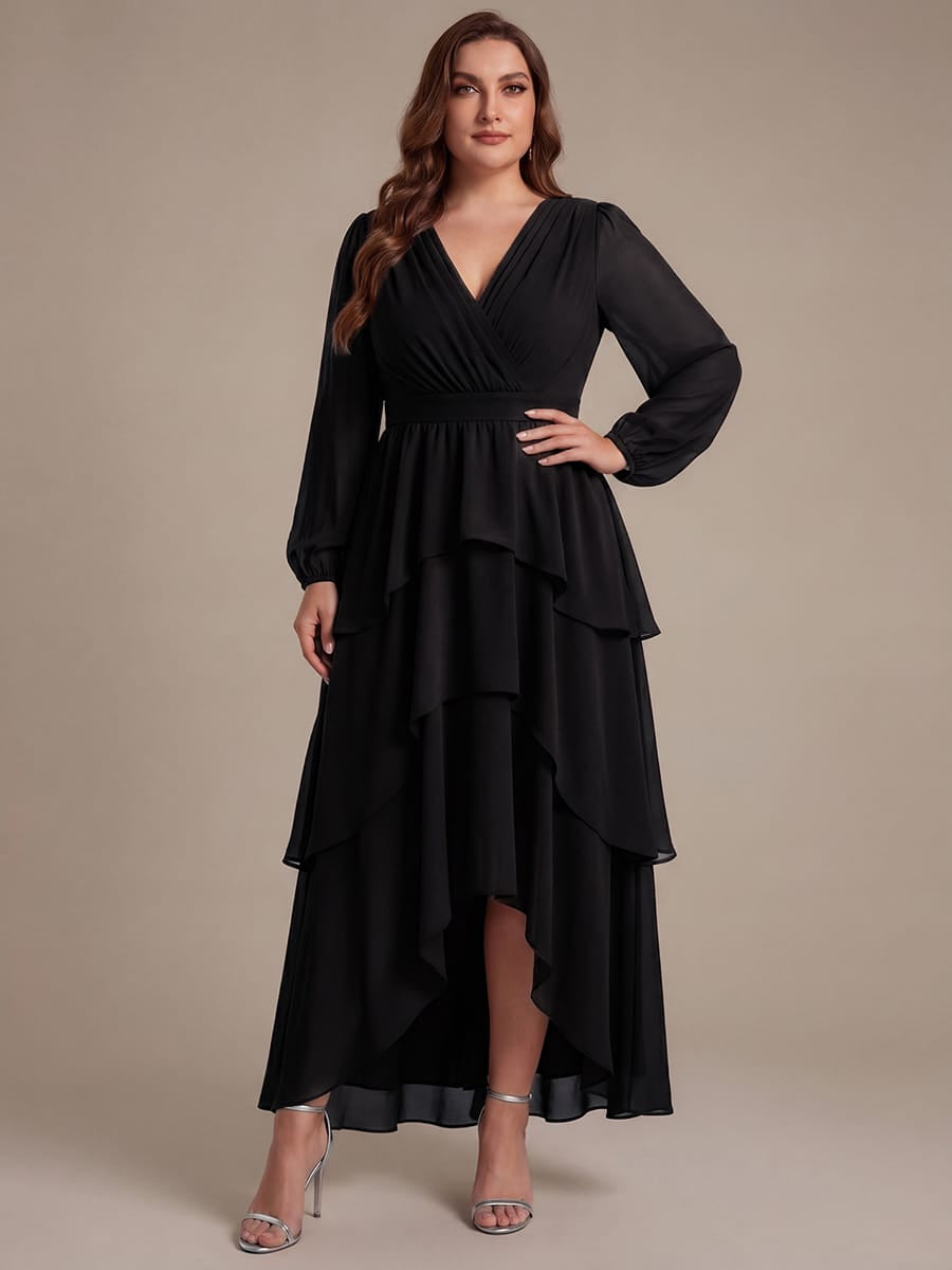Chiffon Puff Sleeve A-line Dress #color_Black