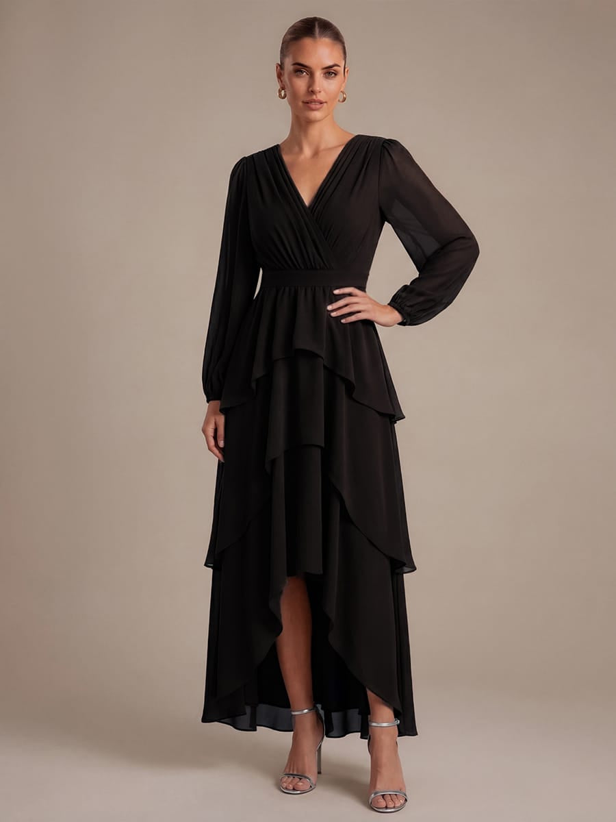 Chiffon Puff Sleeve A-line Dress #color_Black