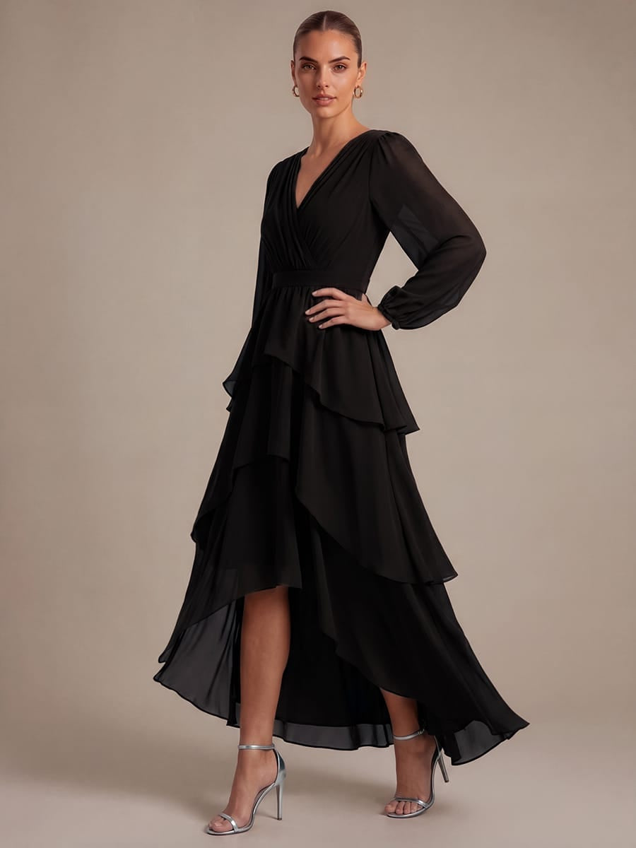 Chiffon Puff Sleeve A-line Dress #color_Black