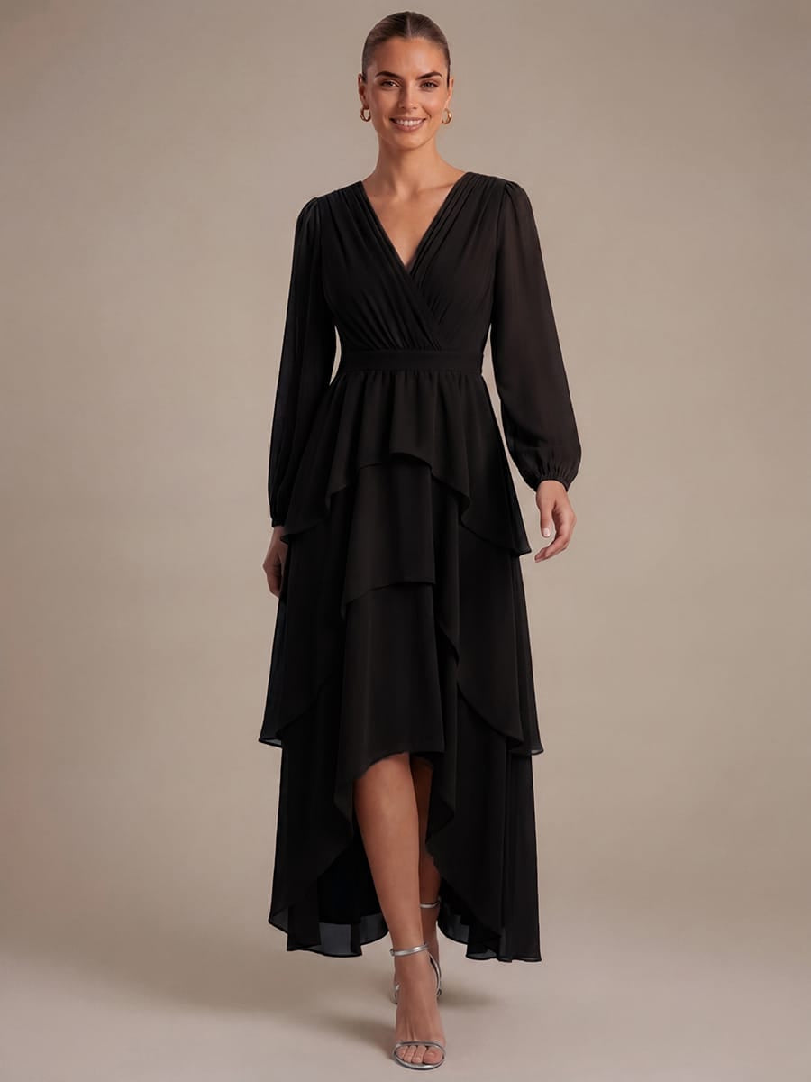 Chiffon Puff Sleeve A-line Dress #color_Black
