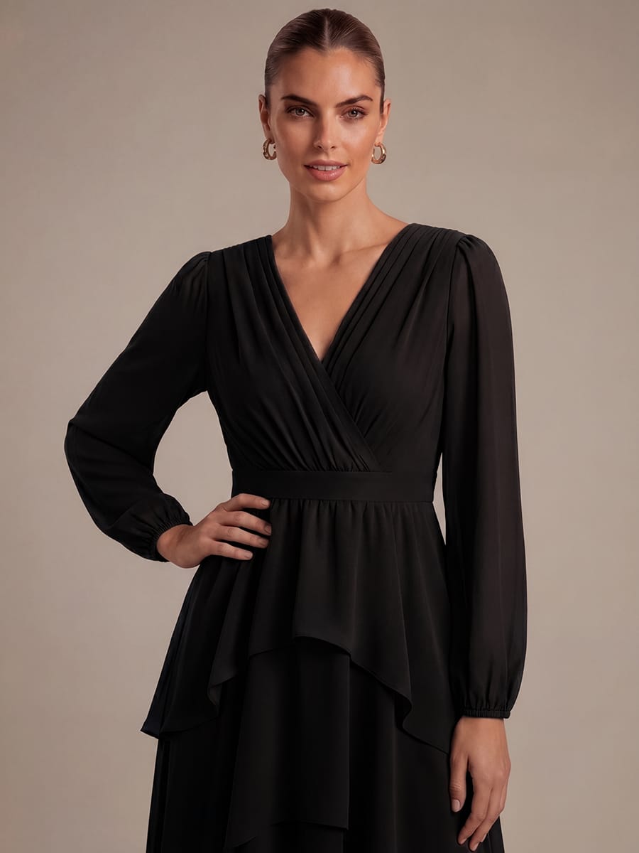 Chiffon Puff Sleeve A-line Dress #color_Black