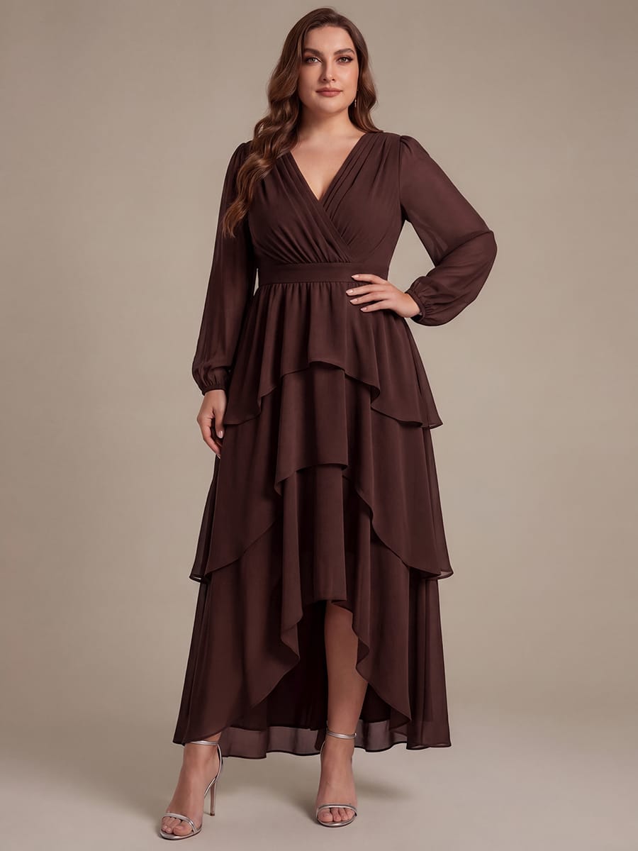 Chiffon Puff Sleeve A-line Dress #color_Chocolate Brown
