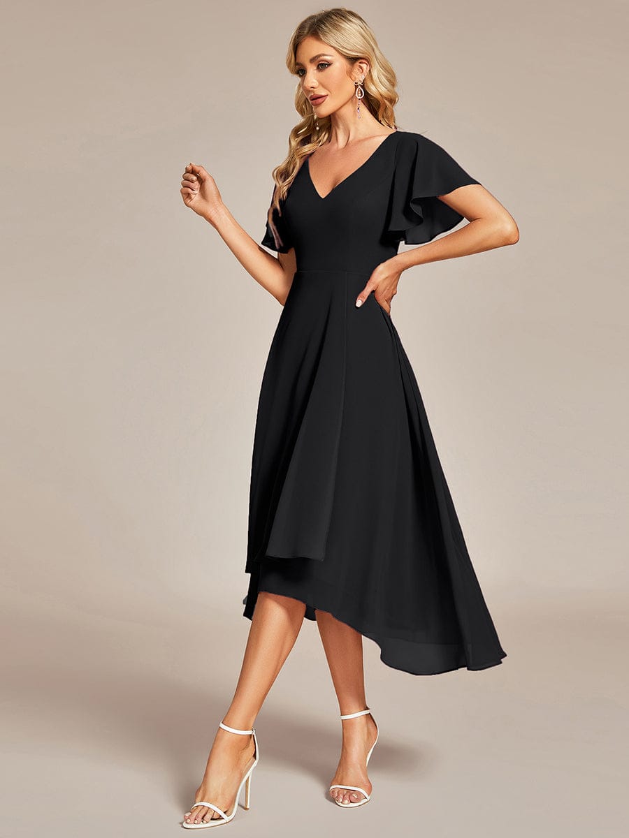 High Low Chiffon Wedding Guest Dress with V-Neck and Ruffle Sleeves #Color_Black