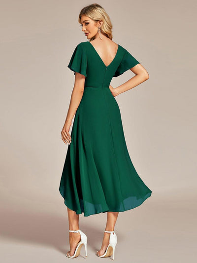 High Low Chiffon Wedding Guest Dress with V-Neck and Ruffle Sleeves #Color_Dark Green
