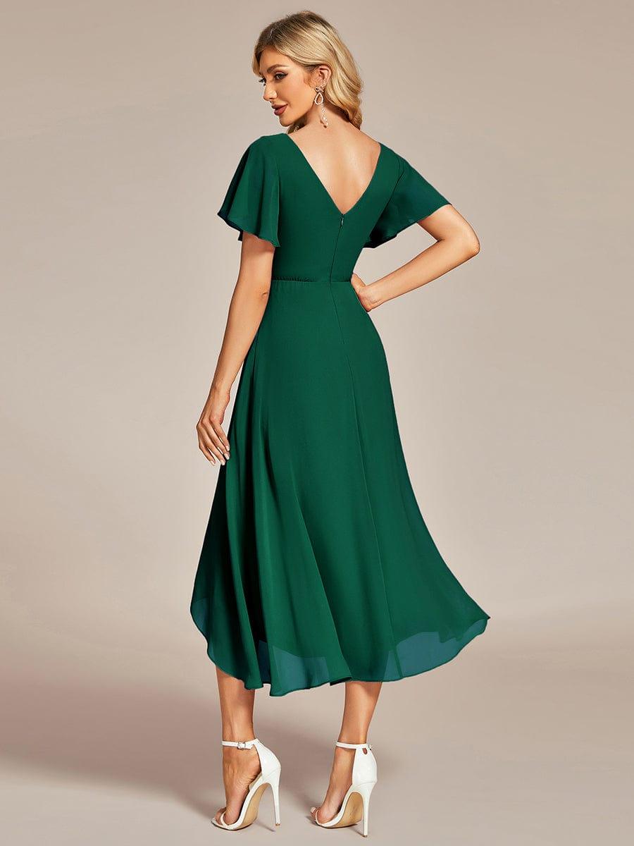 High Low Chiffon Wedding Guest Dress with V-Neck and Ruffle Sleeves #Color_Dark Green