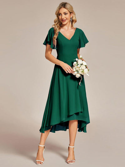 High Low Chiffon Wedding Guest Dress with V-Neck and Ruffle Sleeves #Color_Dark Green