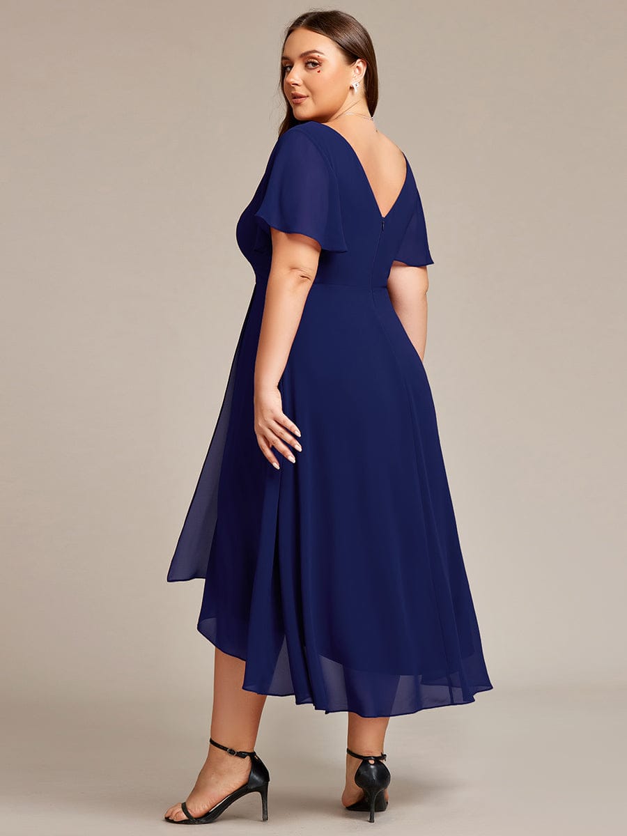 High Low Chiffon Wedding Guest Dress with V-Neck and Ruffle Sleeves #Color_Navy Blue